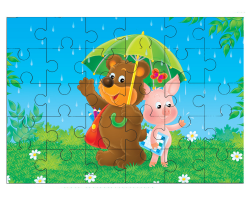 Ours et cochon s'habritant sous un parapluie