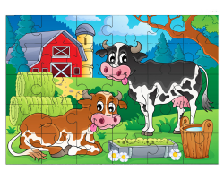 Deux vaches devant une ferme